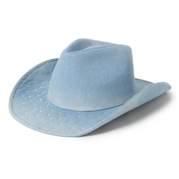 Wholesale rhinestone Studded Denim Cowboy Hat One Fits Most Adjustable Drawstrin