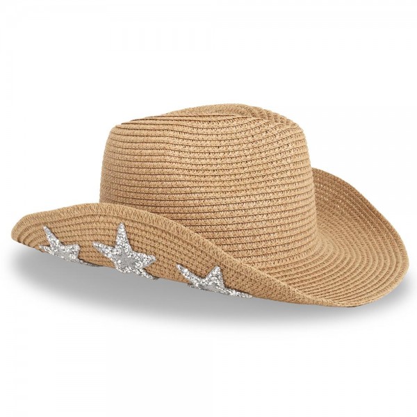 Wholesale convertible Straw Cowboy Panama Hat Metallic Beaded Stars Under Brim O