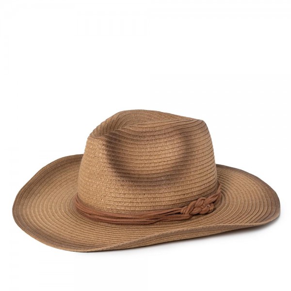 Convertible Tea Stained Cowboy Panama Hat With Layered Suede Hat Band 

- One Size Fits Most 
- Adjustable Drawstring
- Brim 3.25" L
- 90% Paper / 10% Polyester 