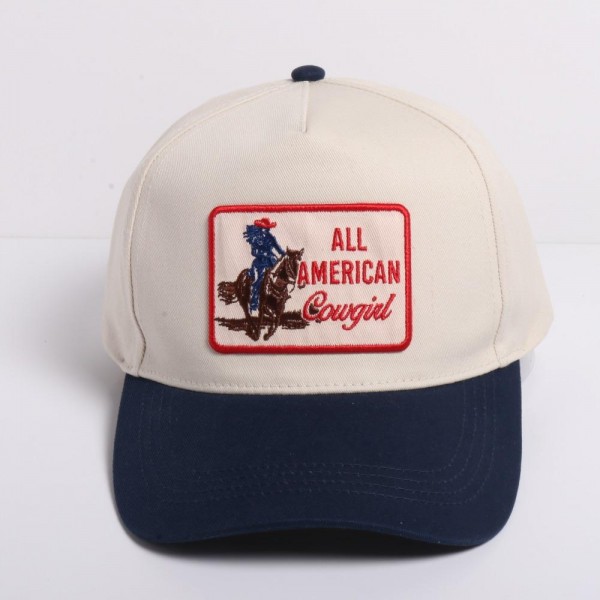 "All American Cowgirl" Embroidered Patch Two Tone Baseball Cap

- One Size Fits Most
- Snap Back Closure
- 100% Cotton