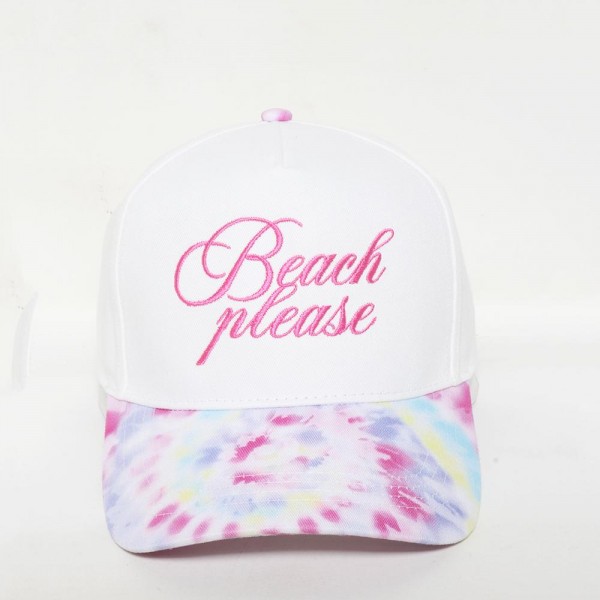 "Beach Please" Embroidered Baseball Cap With Tie Dye Print Bill 

- One Size Fits Most
- Snap Back Closure
- 100% Cotton