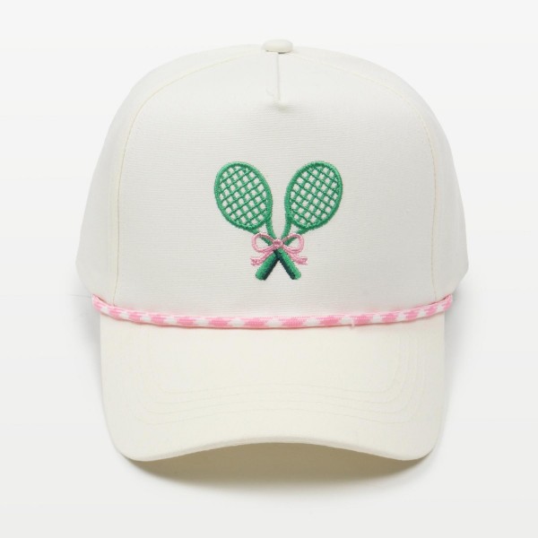 Tennis Rackets & Bow Embroidered Baseball Cap With Two Tone Rope Detail
- One Size Fits Most
- Snap Back Closure
- 100% Cotton