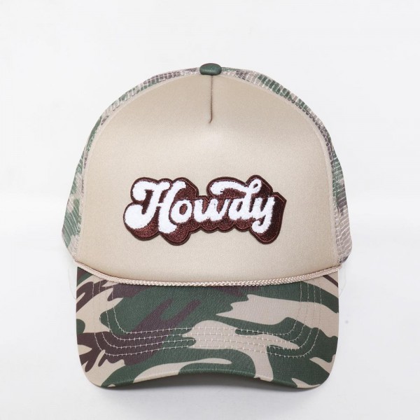 Wholesale howdy Chenille Patch Camo Trucker Cap Mesh Back One Fits Most Snap Ba