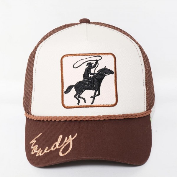 Wholesale cowboy Patch Embroidered Two Trucker Cap Braided Hat Band Howdy Detail