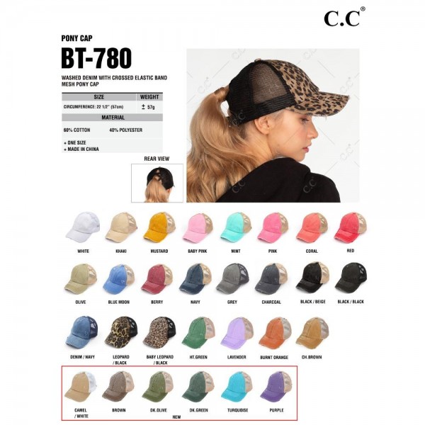 C.C BT-780
Distressed Criss-Cross Pony Cap
- One Size Fits Most
- Criss-Cross Pony Tail Opening 
- Adjustable Velcro Closure
- 60% Cotton 40% Polyester
