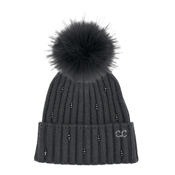 C.C HTC0068
Glass Bead Embellishment Cuff Beanie With Faux Fur Pom.

- 30% Viscose / 10% Angora / 60% Nylon
- One Size
