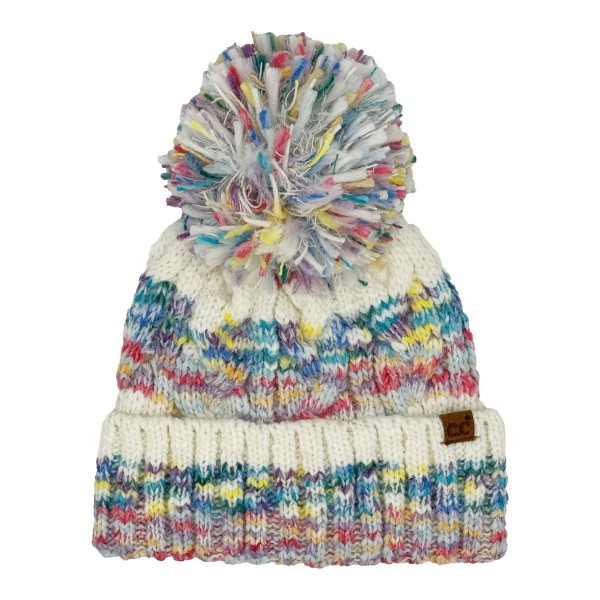 C.C HTE0137
Multi Color Cable Pom Beanie 

- 65% Recycled Polyester / 20% Acrylic / 10% Nylon / 5% Wool 
- One Size Fits Most 