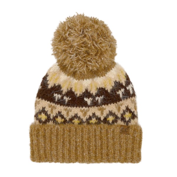 C.C HTE0138
Geometric Pattern Yarn Pom Beanie 

- 59% Recycled Polyester / 21% Nylon / 11% Polyester / 8% Wool / 1% Spandex 
- One Size Fits Most 