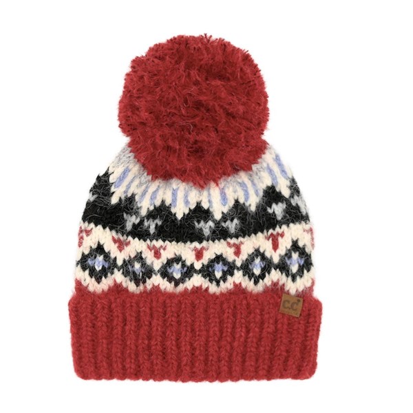 C.C HTE0138
Geometric Pattern Yarn Pom Beanie 

- 59% Recycled Polyester / 21% Nylon / 11% Polyester / 8% Wool / 1% Spandex 
- One Size Fits Most 