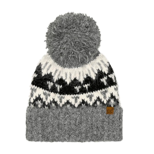 C.C HTE0138
Geometric Pattern Yarn Pom Beanie 

- 59% Recycled Polyester / 21% Nylon / 11% Polyester / 8% Wool / 1% Spandex 
- One Size Fits Most 