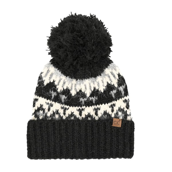 C.C HTE0138
Geometric Pattern Yarn Pom Beanie 

- 59% Recycled Polyester / 21% Nylon / 11% Polyester / 8% Wool / 1% Spandex 
- One Size Fits Most 