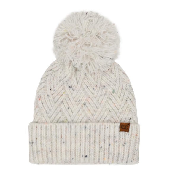 C.C HTE0143
Criss-Cross Pattern Yarn Pom Beanie.
- 66% Recycled Polyester / 24%Acrylic / 5% Nylon / 5% Wool 
- One Size