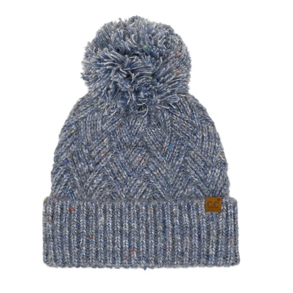 C.C HTE0143
Criss-Cross Pattern Yarn Pom Beanie.

- 66% Recycled Polyester / 24%Acrylic / 5% Nylon / 5% Wool 
- One Size