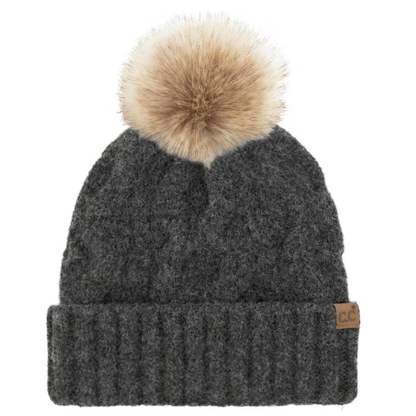C.C HTE0149POM
Cable Cuff Beanie

- 50% Recycled Polyester / 33% Polyester / 8% Nylon / 6% Wool / 3% Spandex
- Satin Lining Inside 
- One Size Fits Most