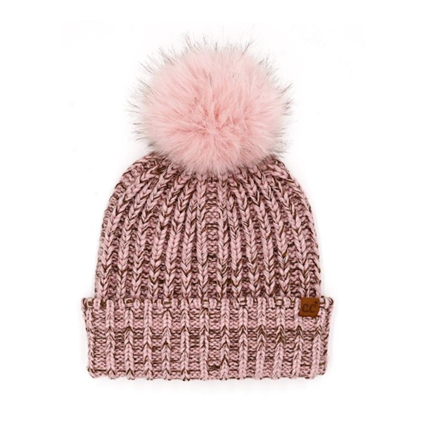 C.C HTE0159
Two-Tone Heather Beanie With Faux Fur Pom 

- 100% Acrylic 
- One Size Fits Most 