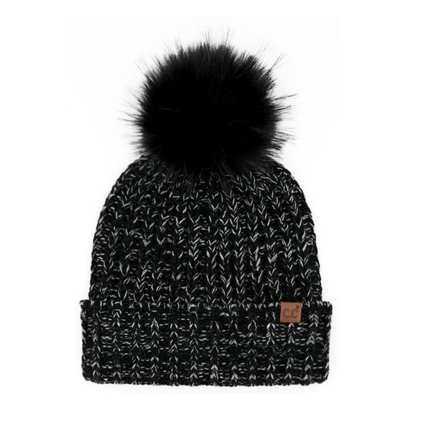 C.C HTE0159
Two-Tone Heather Beanie With Faux Fur Pom 

- 100% Acrylic 
- One Size Fits Most 