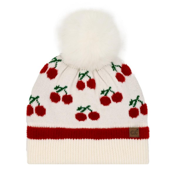 C.C HTE0161 
Cherry Pom Beanie.

- 47% Rayon, 31% Polyester, 22% Nylon  
- One Size
