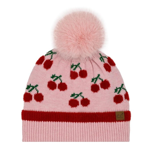 C.C HTE0161 
Cherry Pom Beanie.

- 47% Rayon, 31% Polyester, 22% Nylon  
- One Size
