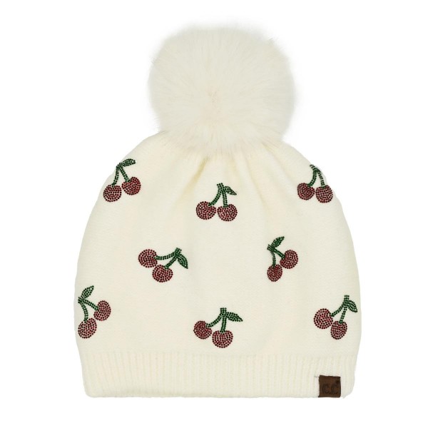 Wholesale c C HTE Cherry Rhinestone Pom Beanie Recycled Polyester Nylon Acrylic