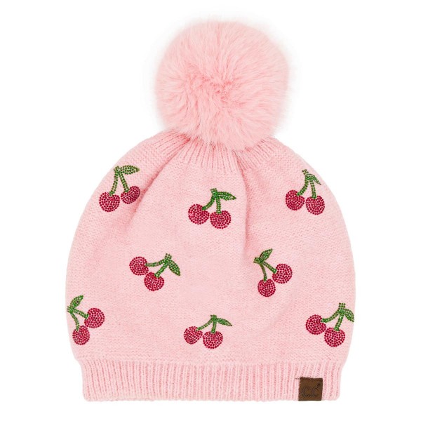 C.C HTE0170
Cherry Rhinestone Pom Beanie 

- 65% Recycled Polyester / 13% Nylon / 13% Acrylic / 6% Wool / 3% Spandex 
- One Size Fits Most 