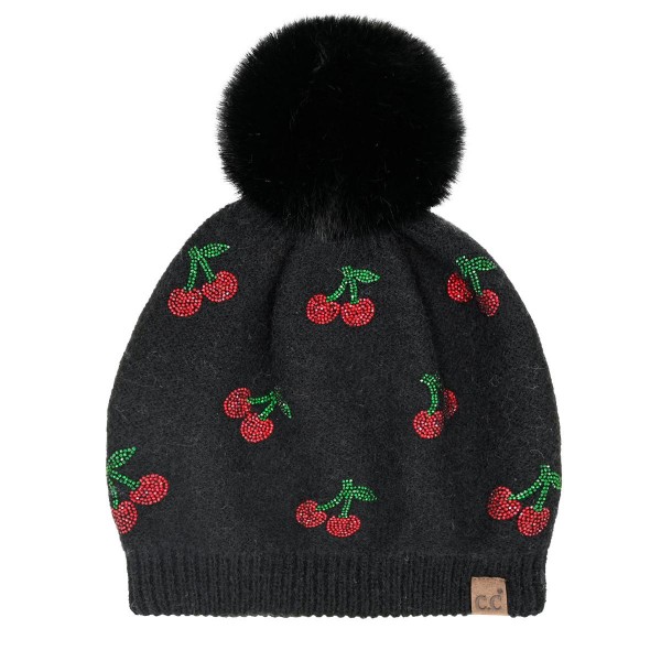 C.C HTE0170
Cherry Rhinestone Pom Beanie 

- 65% Recycled Polyester / 13% Nylon / 13% Acrylic / 6% Wool / 3% Spandex 
- One Size Fits Most 