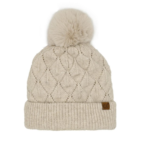 C.C HTE0173
Leaf Pattern Faux Fur Pom Beanie 

- 60% Recycled Polyester / 40% Polyester 
- One Size Fits Most