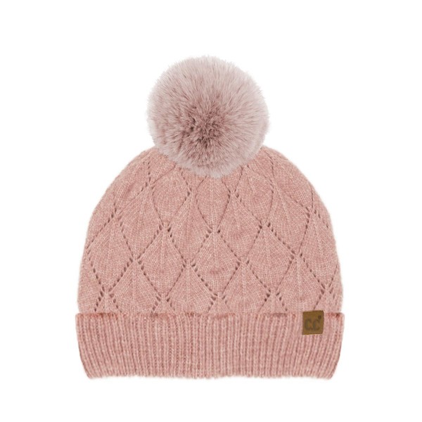 C.C HTE0173
Leaf Pattern Faux Fur Pom Beanie 

- 60% Recycled Polyester / 40% Polyester 
- One Size Fits Most