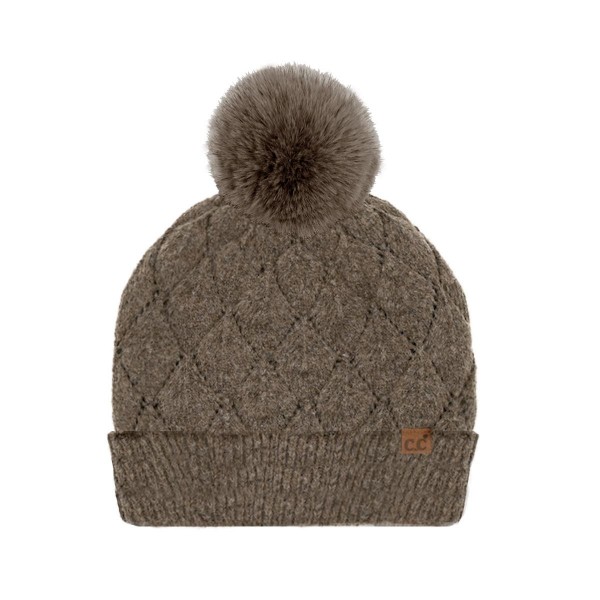C.C HTE0173
Leaf Pattern Faux Fur Pom Beanie 

- 60% Recycled Polyester / 40% Polyester 
- One Size Fits Most