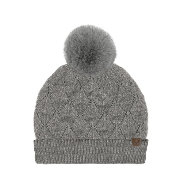 C.C HTE0173
Leaf Pattern Faux Fur Pom Beanie 

- 60% Recycled Polyester / 40% Polyester 
- One Size Fits Most