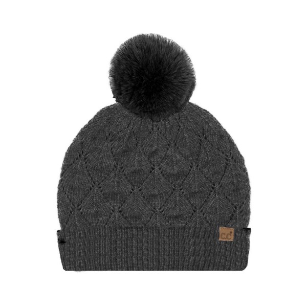 C.C HTE0173
Leaf Pattern Faux Fur Pom Beanie 

- 60% Recycled Polyester / 40% Polyester 
- One Size Fits Most