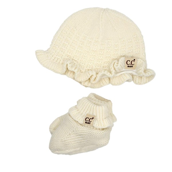 C.C BB-SE001
Baby Knitted Bonnet Hat & Botties Set 

- 50%Viscose / 30% Polyester / 20% Nylon
- One Size Fits Most (0-6 Months)