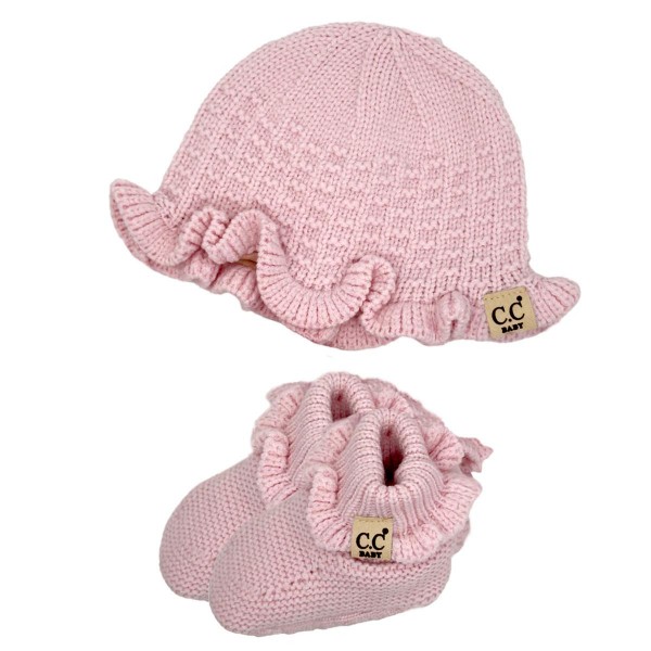 C.C BB-SE001
Baby Knitted Bonnet Hat & Botties Set 

- 50%Viscose / 30% Polyester / 20% Nylon
- One Size Fits Most (0-6 Months)