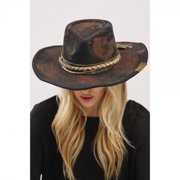 Rustic Cowgirl & Fedora Hat With Distressed Fabric & Beaded Band - Versatile & Shapeable - One Size - 100% Polyester view 5
