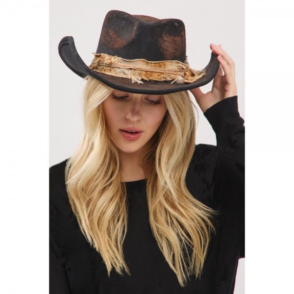 Rustic Cowgirl & Fedora Hat With Feather & Distressed Fabric Band - Versatile & Shapeable - One Size - 100% Polyester view 5