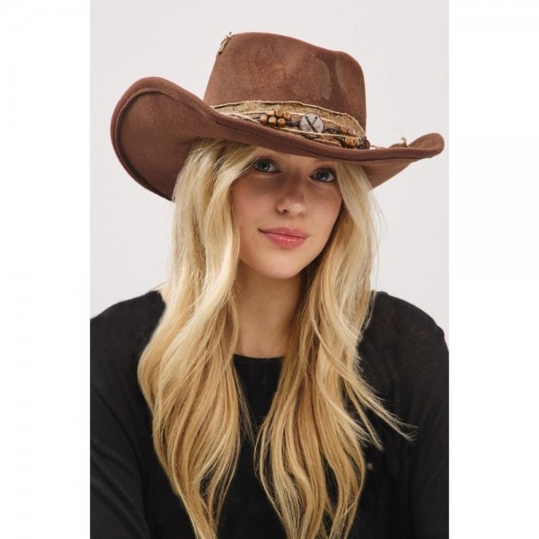Wholesale rustic Cowgirl Fedora Hat Feather Distressed Fabric Band Versatile Sha