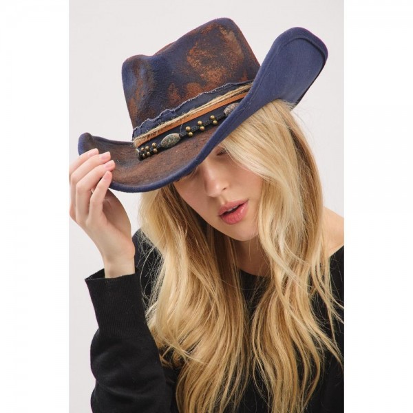 Wholesale rustic Cowgirl Fedora Hat Distressed Fabric Beaded Band Versatile Shap