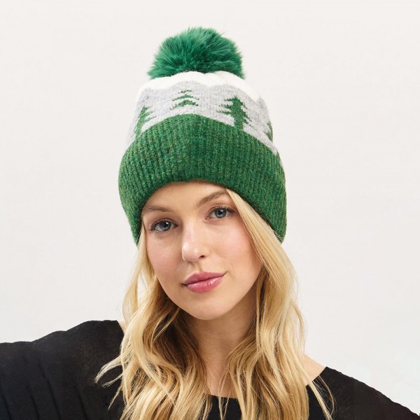 Wholesale knit Christmas Tree Cuff Beanie Pom Soft Fuzzy Lining Acrylic Wool One
