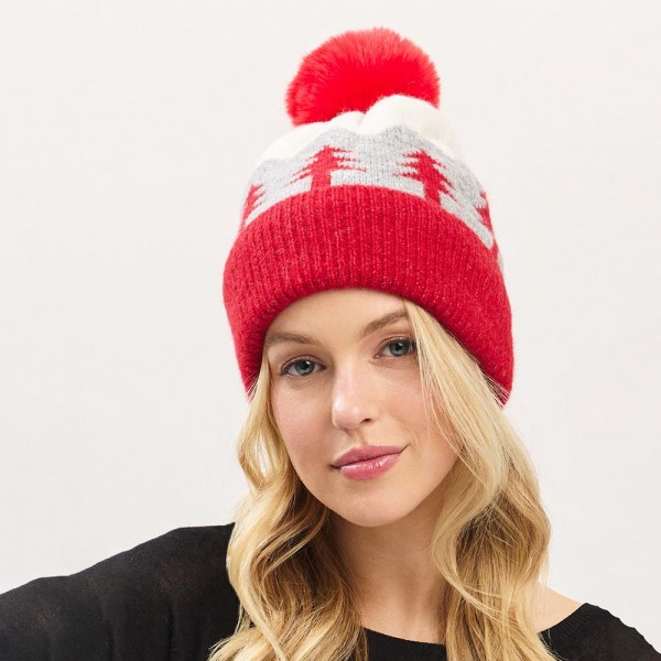 Wholesale knit Christmas Tree Cuff Beanie Pom Soft Fuzzy Lining Acrylic Wool One