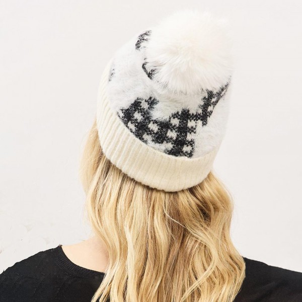 Fuzzy Cuff & Pom Beanie With Plaid Detail - Soft & Fuzzy Inside - One Size Fits Most - 50% Acrylic / 50% Spandex view 5
