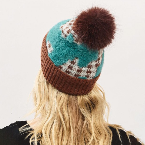 Fuzzy Cuff & Pom Beanie With Plaid Detail - Soft & Fuzzy Inside - One Size Fits Most - 50% Acrylic / 50% Spandex view 5