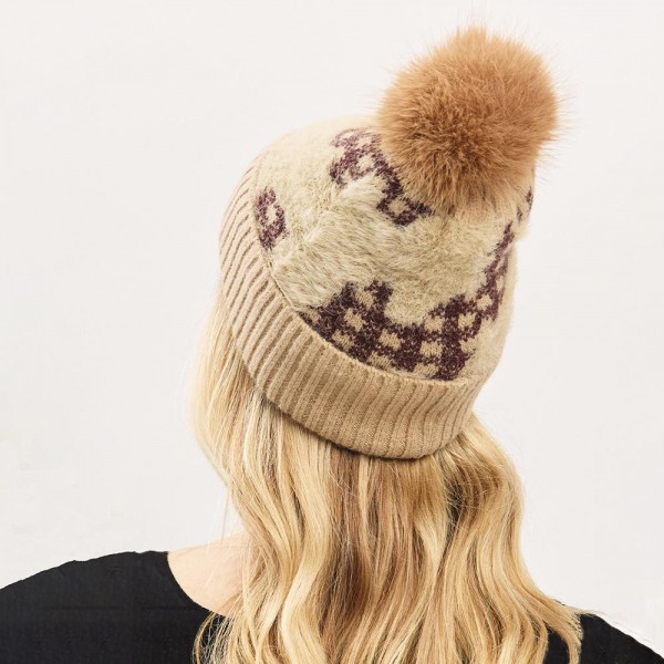 Fuzzy Cuff & Pom Beanie With Plaid Detail - Soft & Fuzzy Inside - One Size Fits Most - 50% Acrylic / 50% Spandex view 5