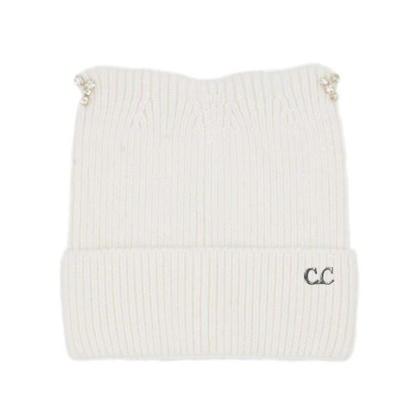 Wholesale c C HTC Cable Knit Tinsel Beanie Rhinestone Cat Ear Detail Nylon Visco