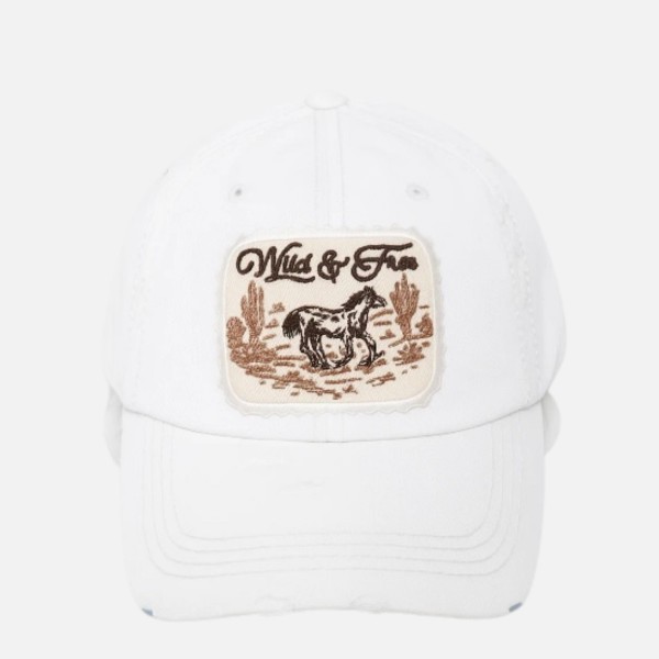 "Wild & Free" Patch Distressed Baseball Cap

- One Size Fits Most
- Velcro Adjustable Closure
- 100% Cotton