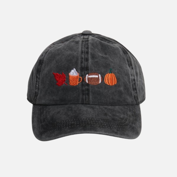 Embroidered Leaf, Pumpkin Spice Latte, Football, & Pumpkin Baseball Cap

- One Size Fits Most
- Slide Buckle Adjustment
- 100% Cotton