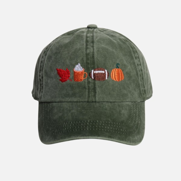 Embroidered Leaf, Pumpkin Spice Latte, Football, & Pumpkin Baseball Cap

- One Size Fits Most
- Slide Buckle Adjustment
- 100% Cotton