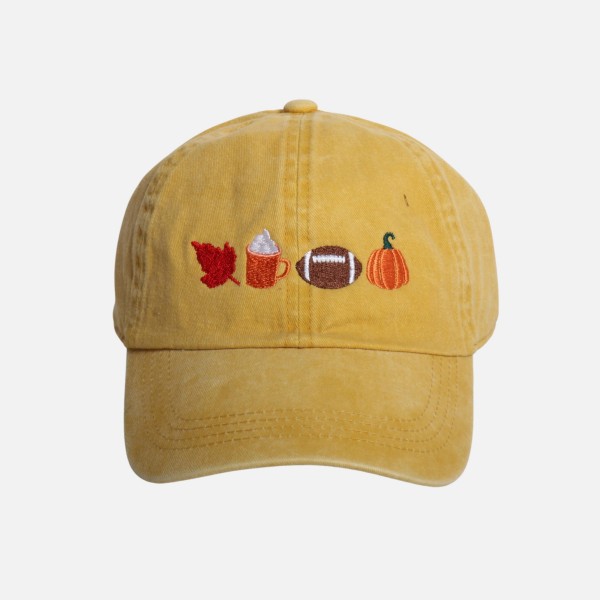 Embroidered Leaf, Pumpkin Spice Latte, Football, & Pumpkin Baseball Cap

- One Size Fits Most
- Slide Buckle Adjustment
- 100% Cotton