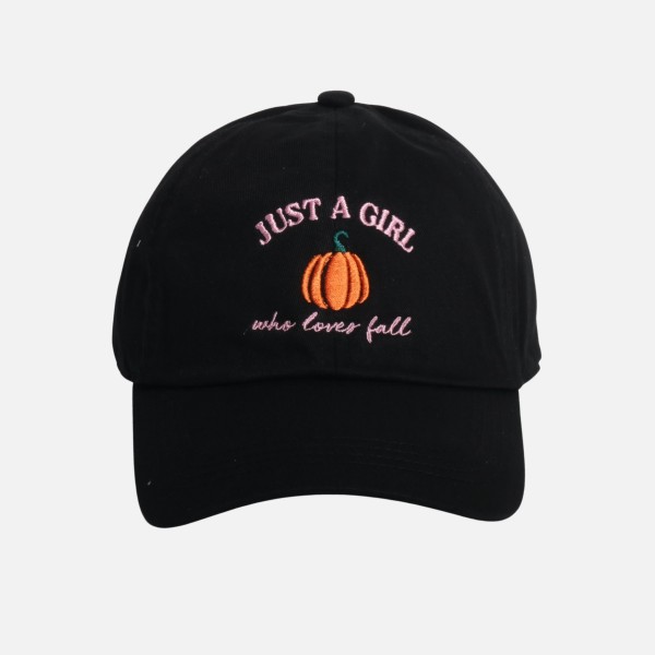 "JUST A GIRL who loves fall" & Pumpkin Embroidered Baseball Cap

- One Size Fits Most
- Slide Buckle Adjustment
- 100% Cotton