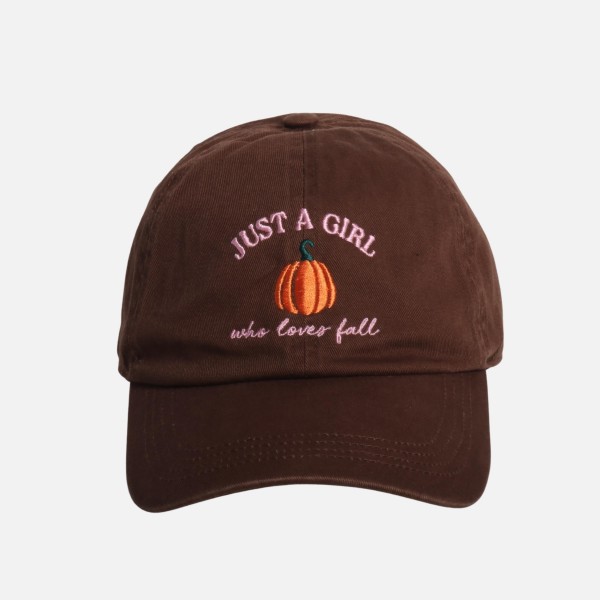 "JUST A GIRL who loves fall" & Pumpkin Embroidered Baseball Cap

- One Size Fits Most
- Slide Buckle Adjustment
- 100% Cotton