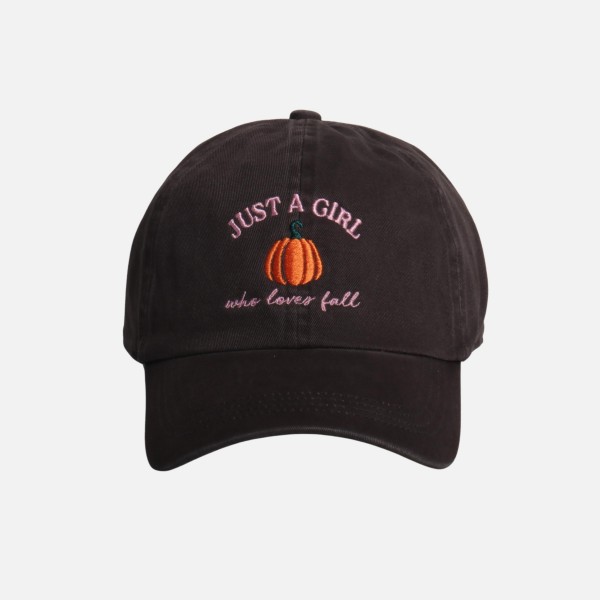 "JUST A GIRL who loves fall" & Pumpkin Embroidered Baseball Cap

- One Size Fits Most
- Slide Buckle Adjustment
- 100% Cotton