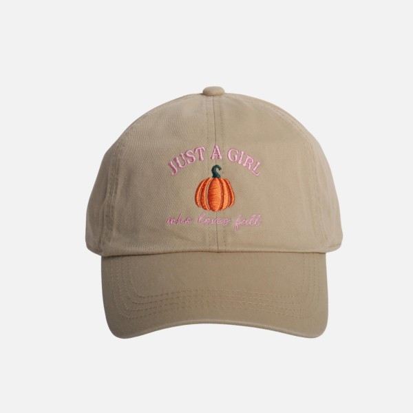 "JUST A GIRL who loves fall" & Pumpkin Embroidered Baseball Cap

- One Size Fits Most
- Slide Buckle Adjustment
- 100% Cotton